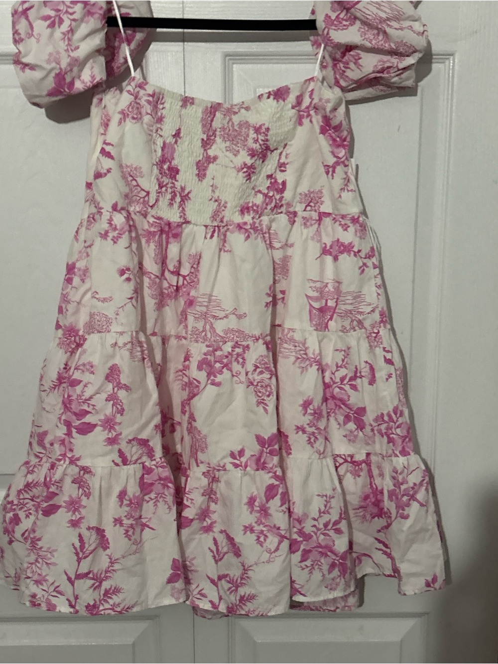 Aqua White and Pink Floral Midi Dress with Puff Sleeves - Picture 5 of 6
